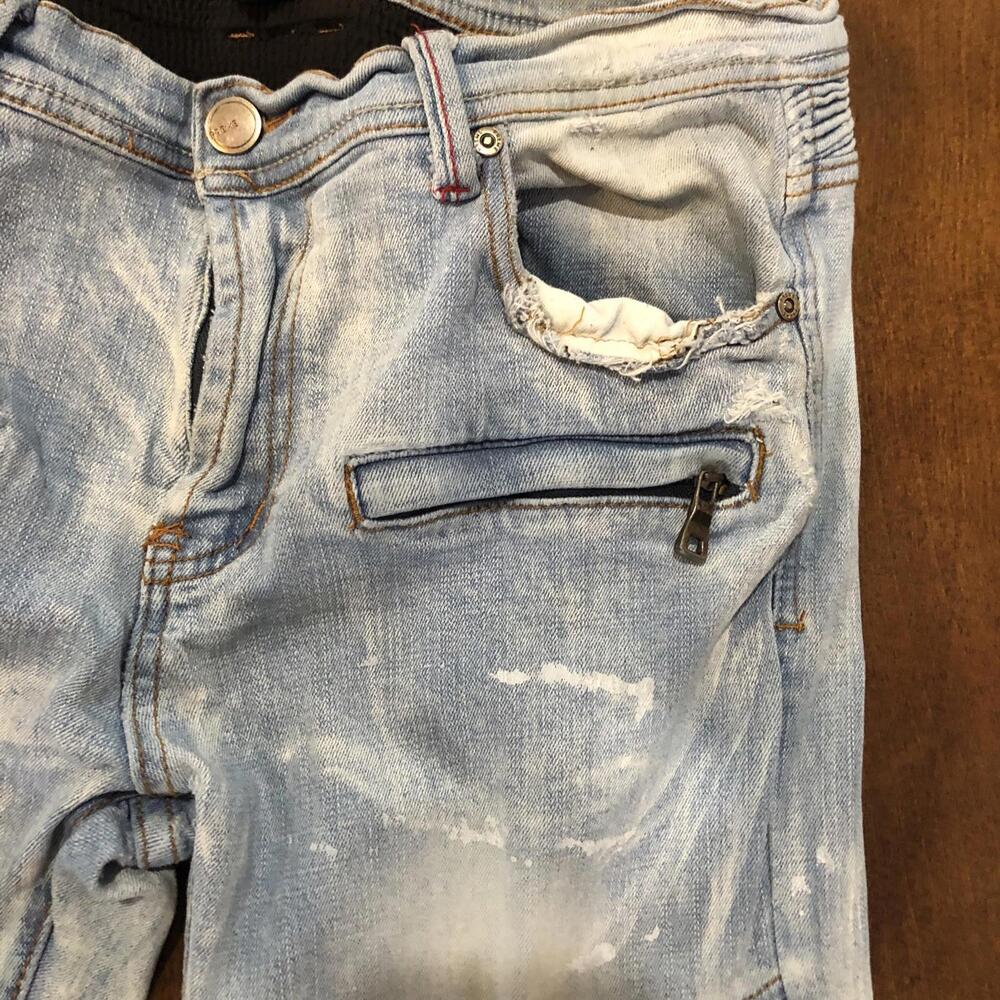 Preme Denim Distressed Ripped Jeans Light Wash  Stacked Moto Mens 43x32 P10 - Picture 4 of 7